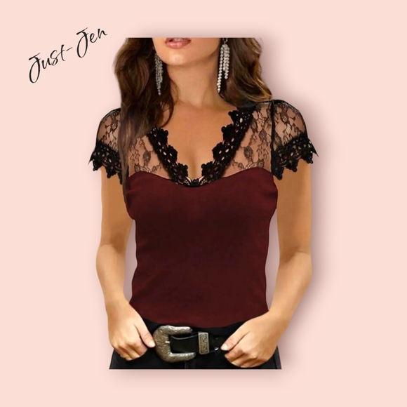 Casual Elegant Fashion Contrast Lace Top in  Stunning Burgundy Wine Color - Picture 5 of 11